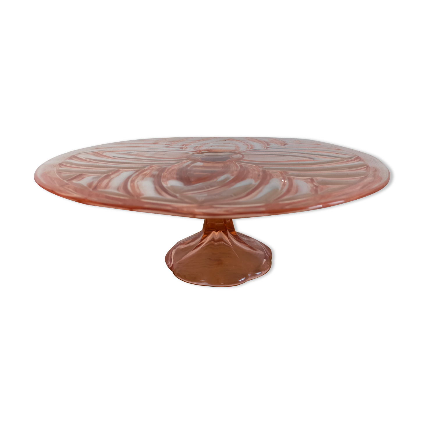 Vintage cake display in pink art deco molded glass
