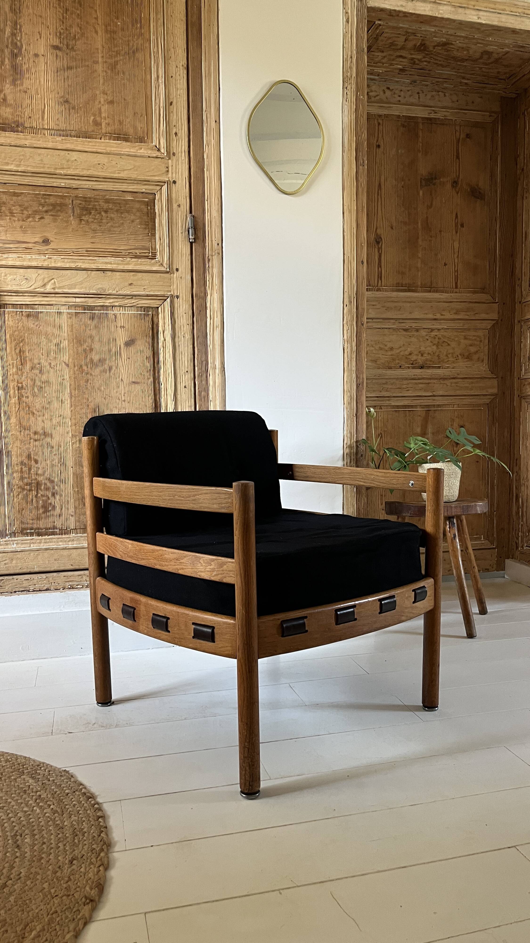 Scandinavian lounge chair COJA in wood and leather, 1960s
