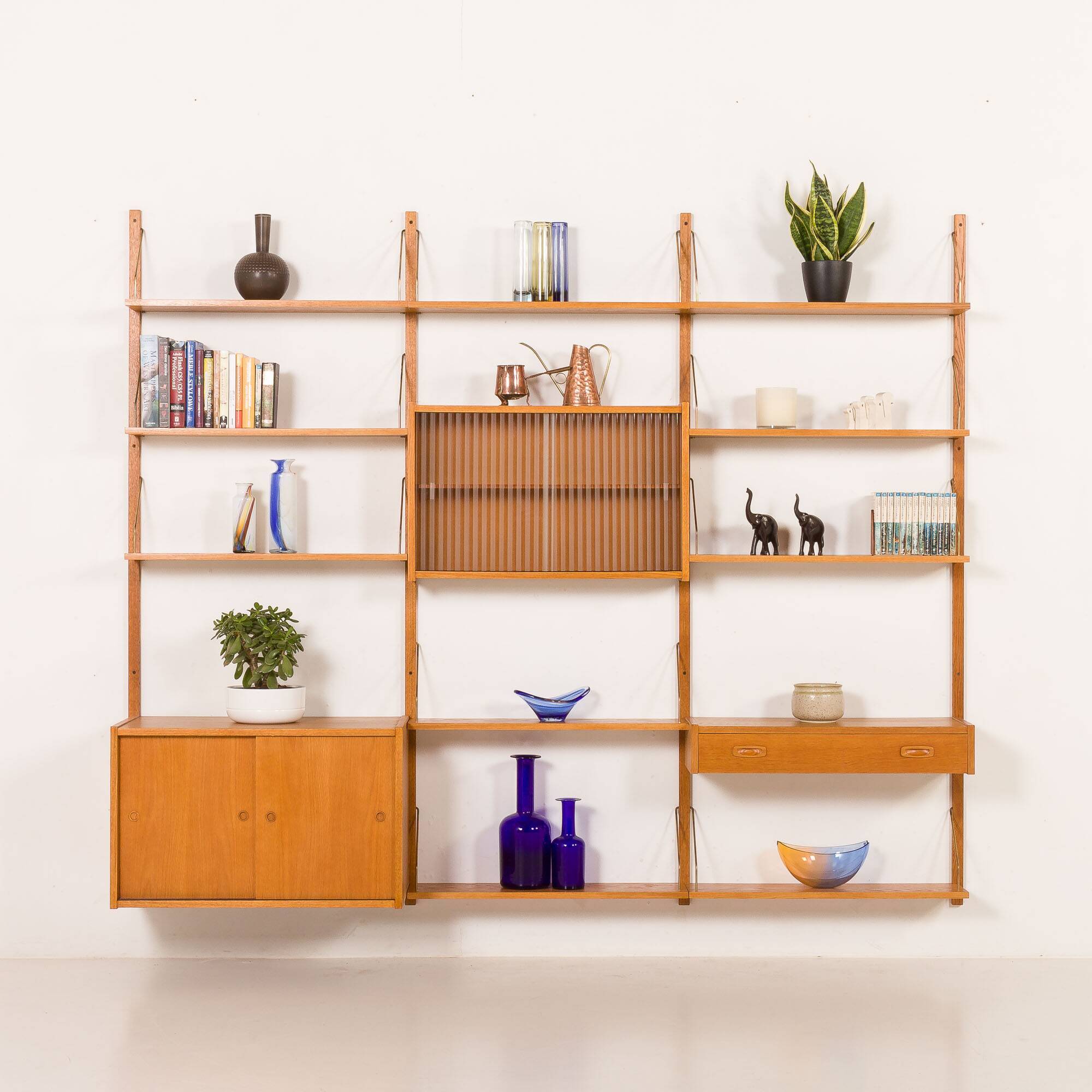 Scandinavian oak wall unit by PS System, Randers, Denmark, 1970s