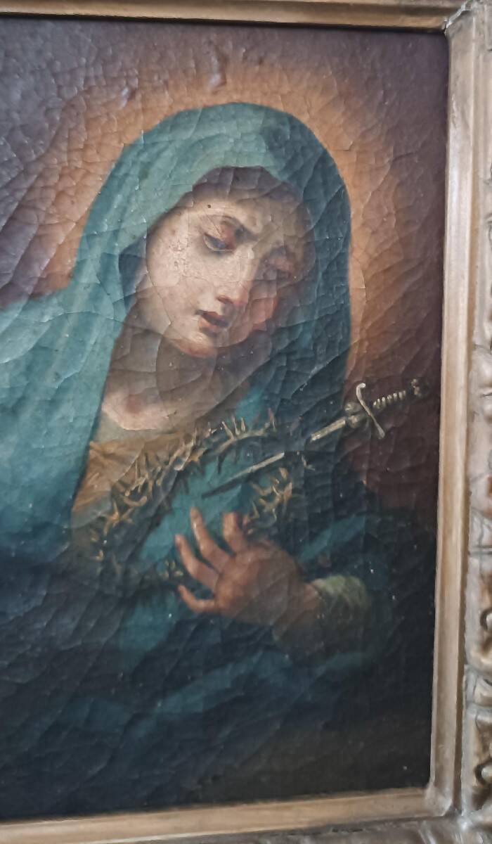Old oil painting on canvas "Our Lady of Sorrows"