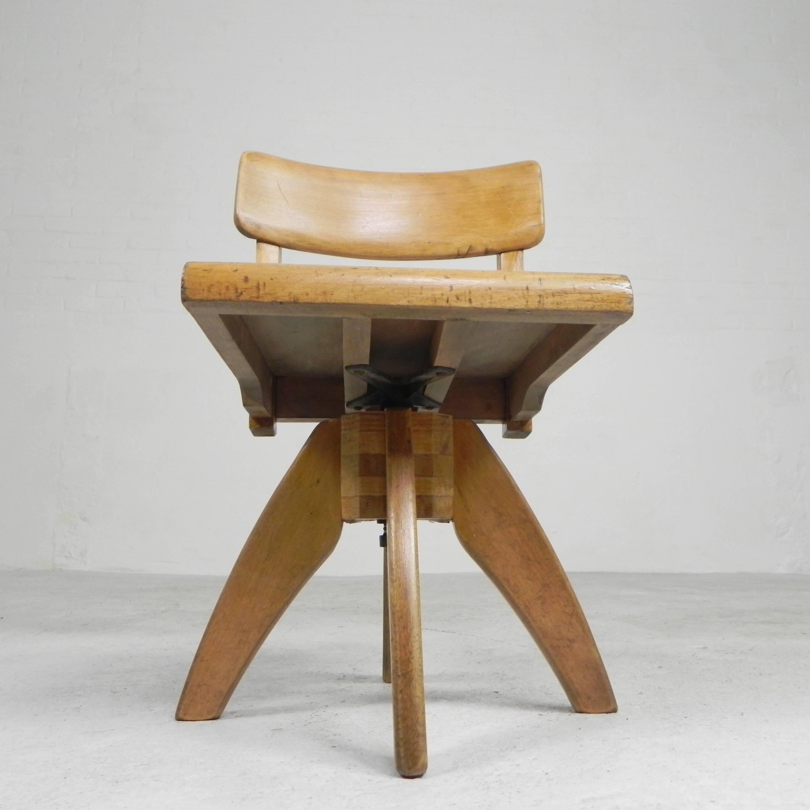 Wooden high chair, swivel chair, school chair, 1950s