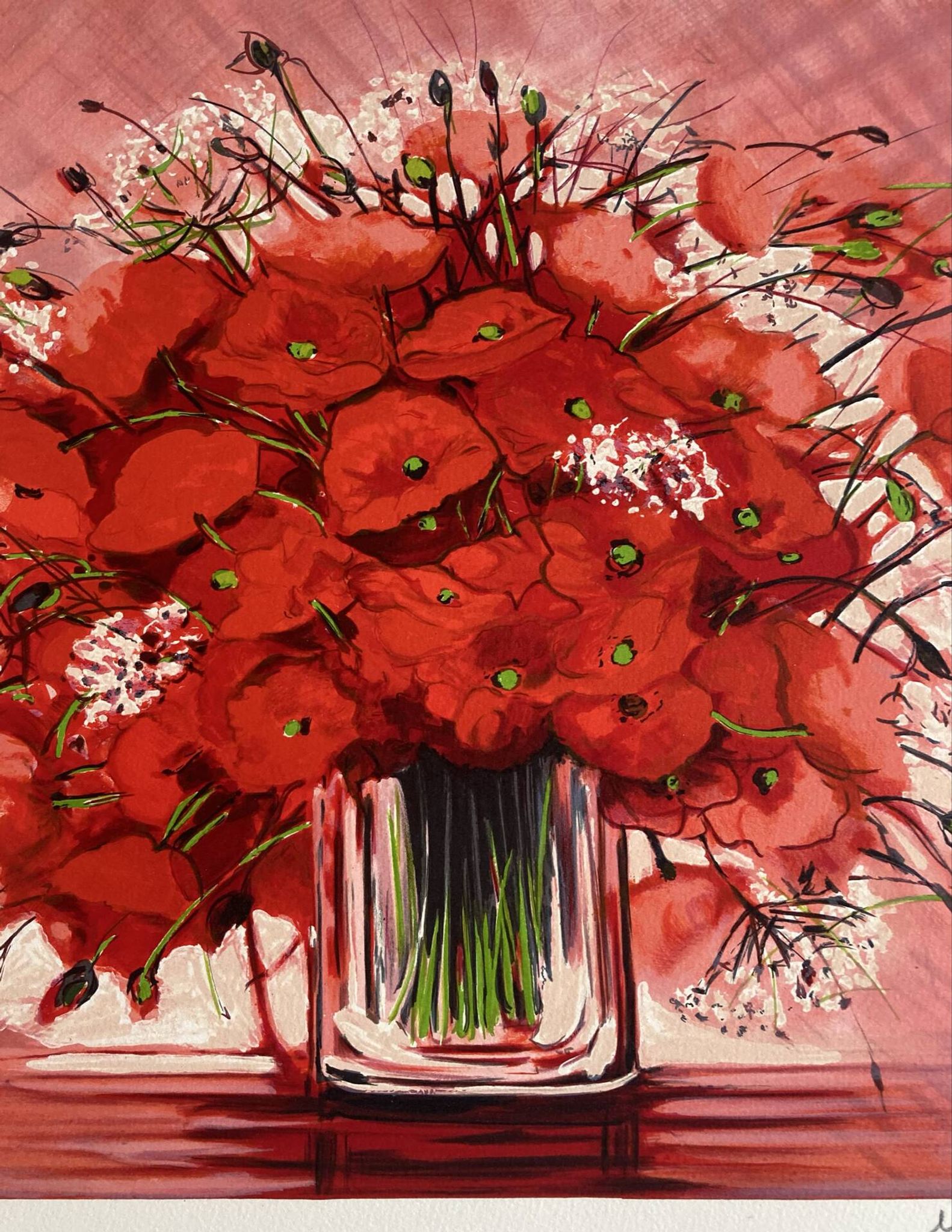 Lithographie originale signée Michel Henry - Bouquet de Coquelicots