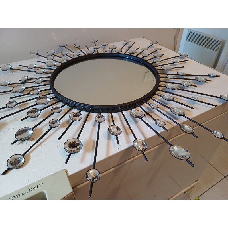 Sun mirror iron beveled mirror and diamond cabochons