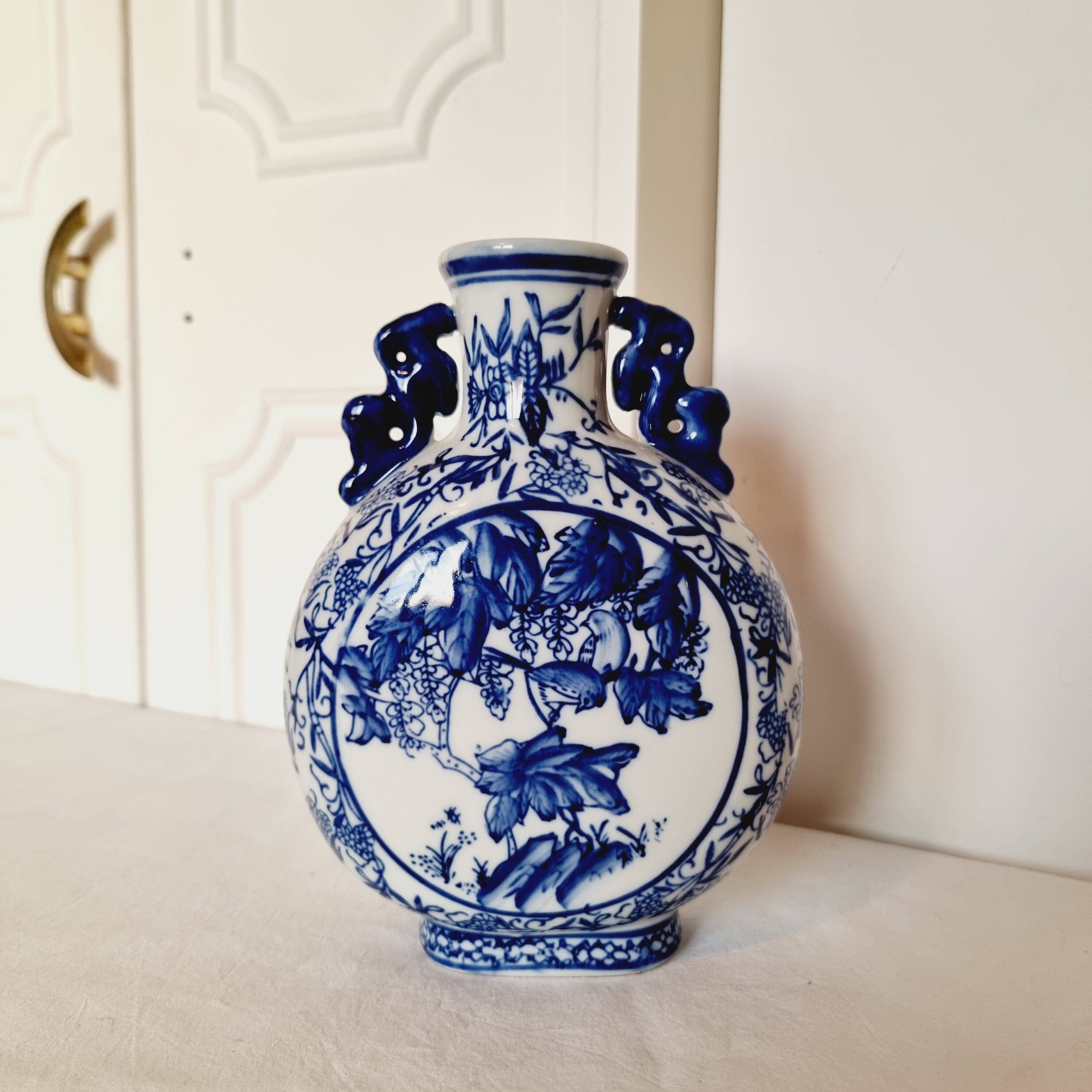 Vase Citrouille Chinois en Porcelaine Bleue et Blanche fin 19ème