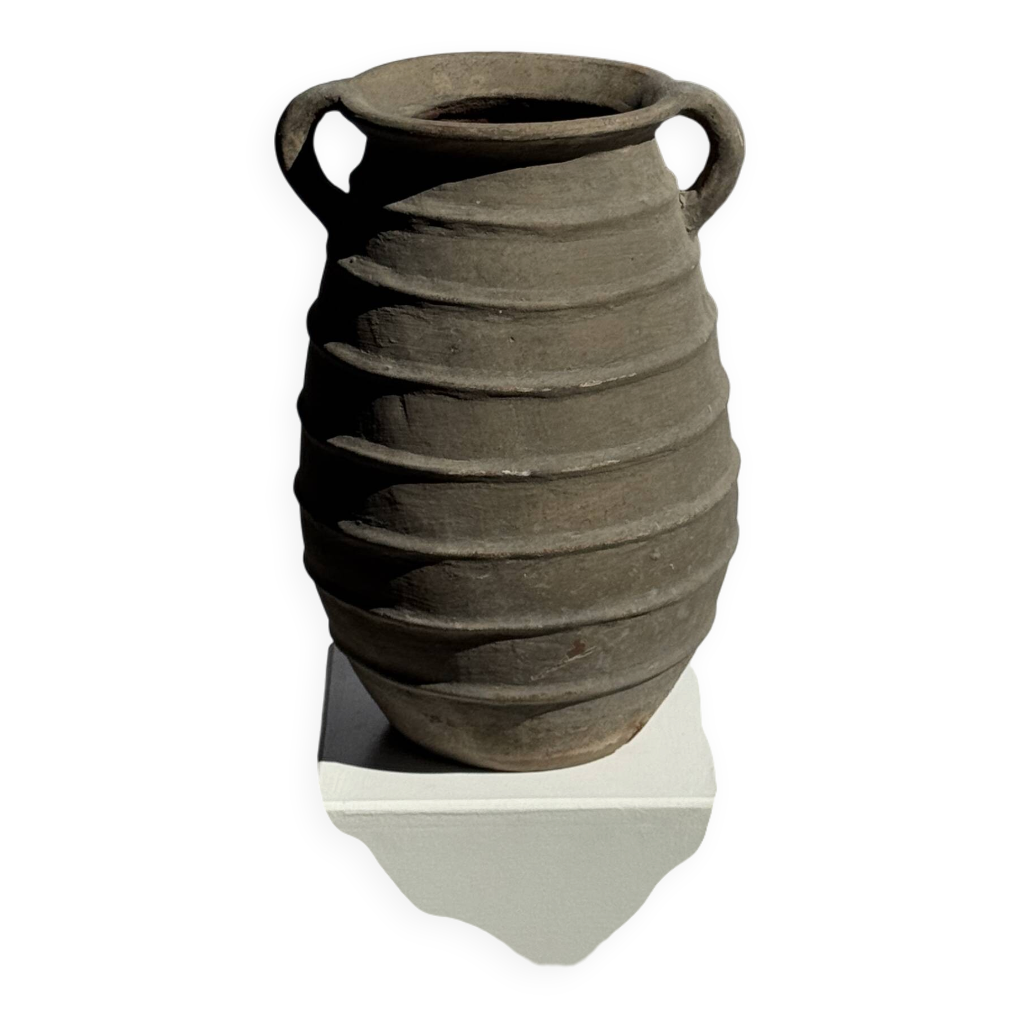 Large oval vase with double handles, featuring raised grey-beige stripes, H42 D28.