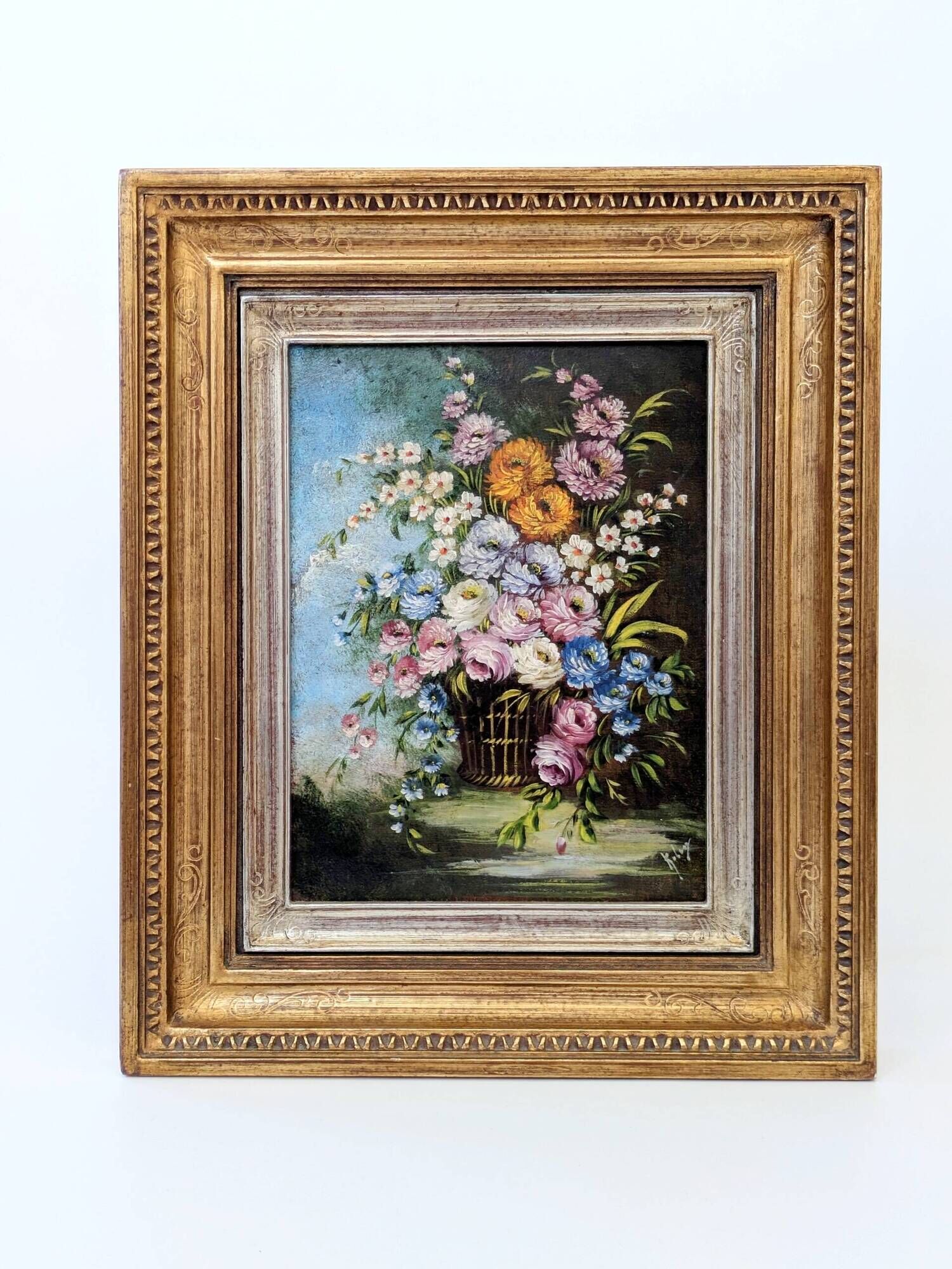 Antique oil painting, bouquet of peonies, ornate gilded frame