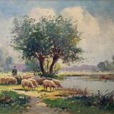 Hst painting "shepherd and sheep near the pond" signed a. disert impressionism