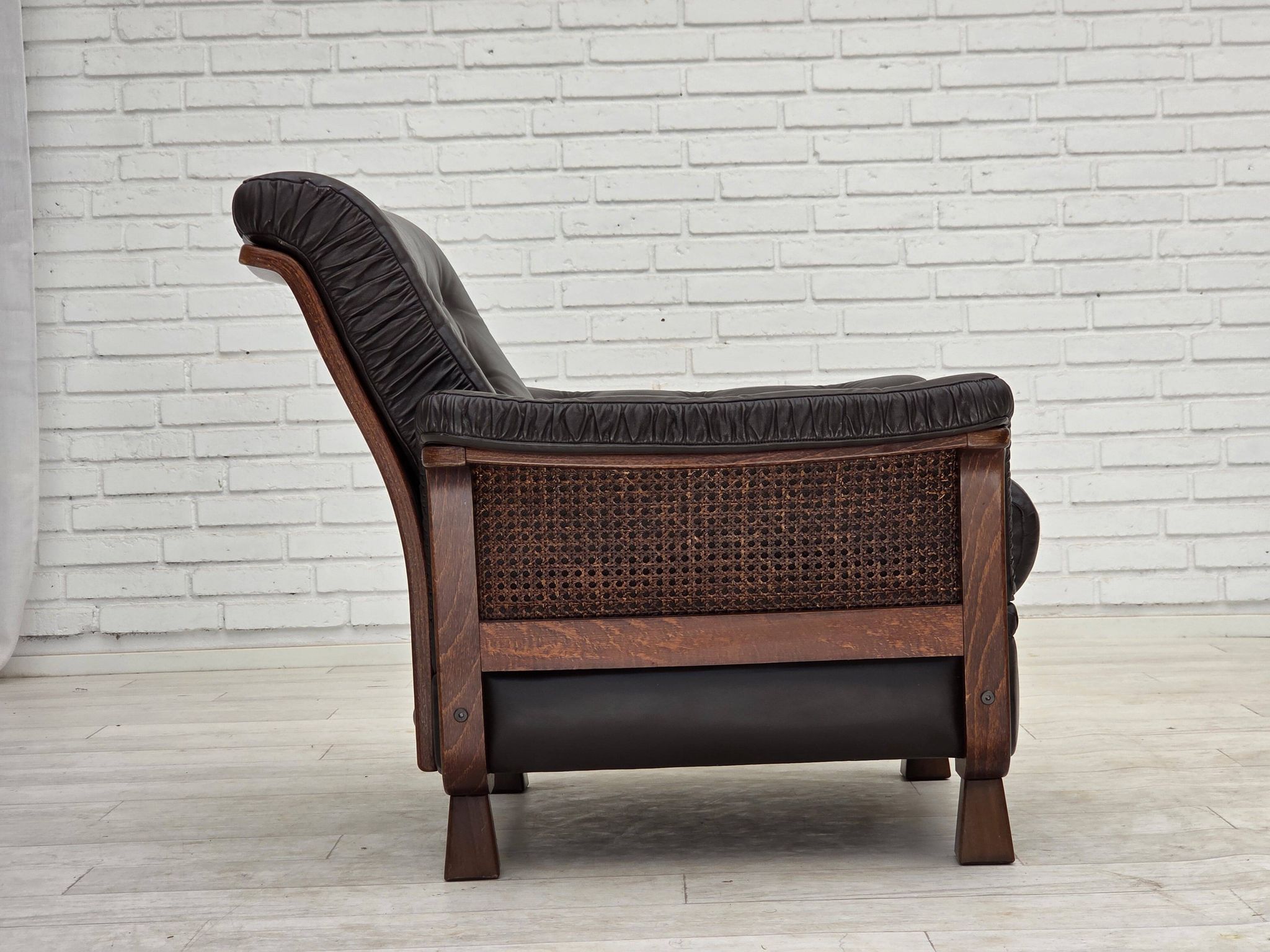 1970s, Scandinavian armchair, brown furniture leather, teak wood legs.