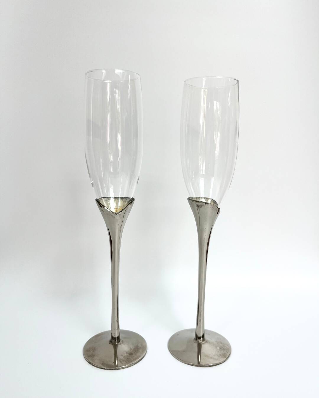 Pair of vintage silver-plated champagne flutes with glass – France, year