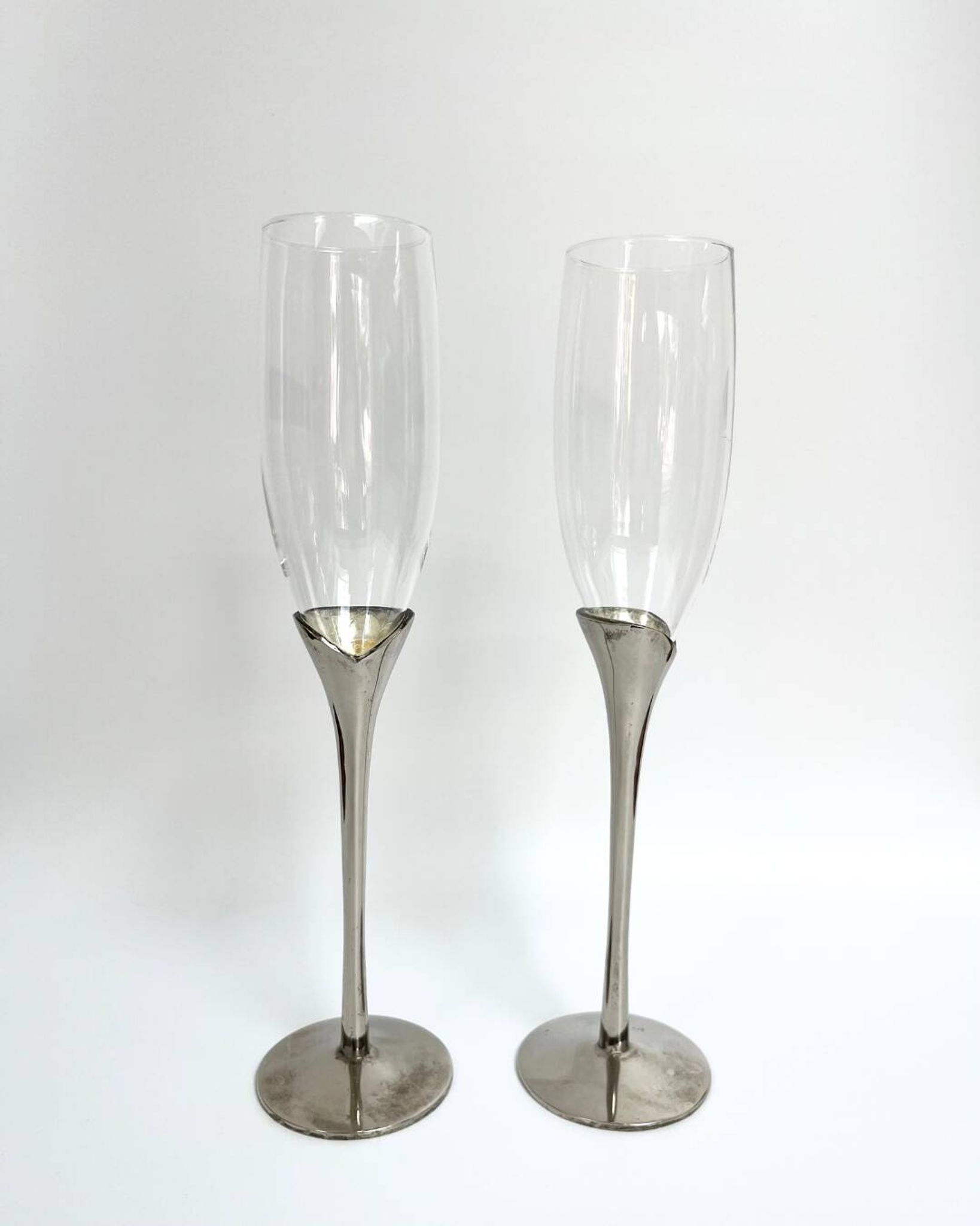 Pair of vintage silver-plated champagne flutes with glass – France, year