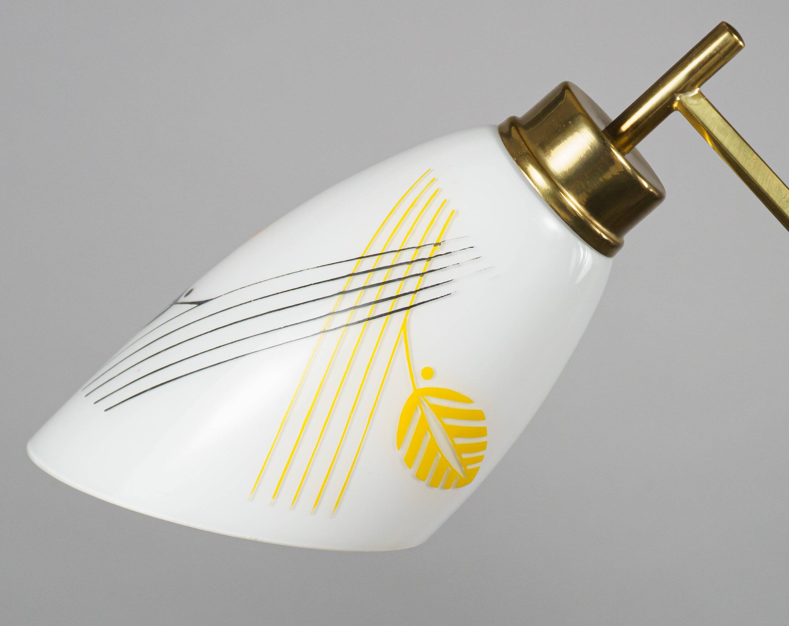 1950s Mid-Century French Glass, Brass & Teak 3-Arm Chandelier