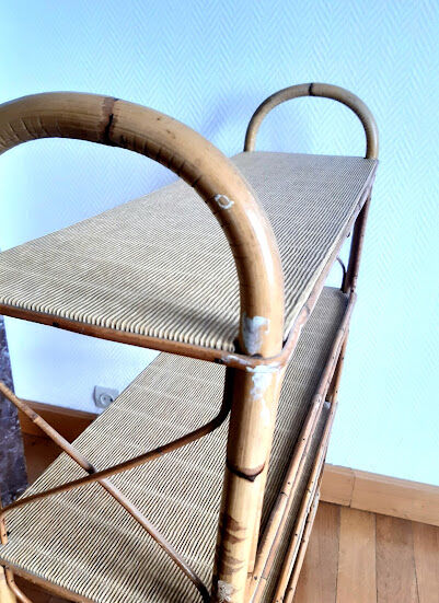 Rattan shelf on feet, vintage work 1960