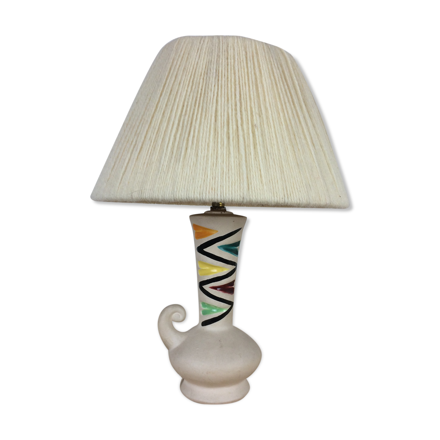 Ceramic lamp 60s and lampshade white wool