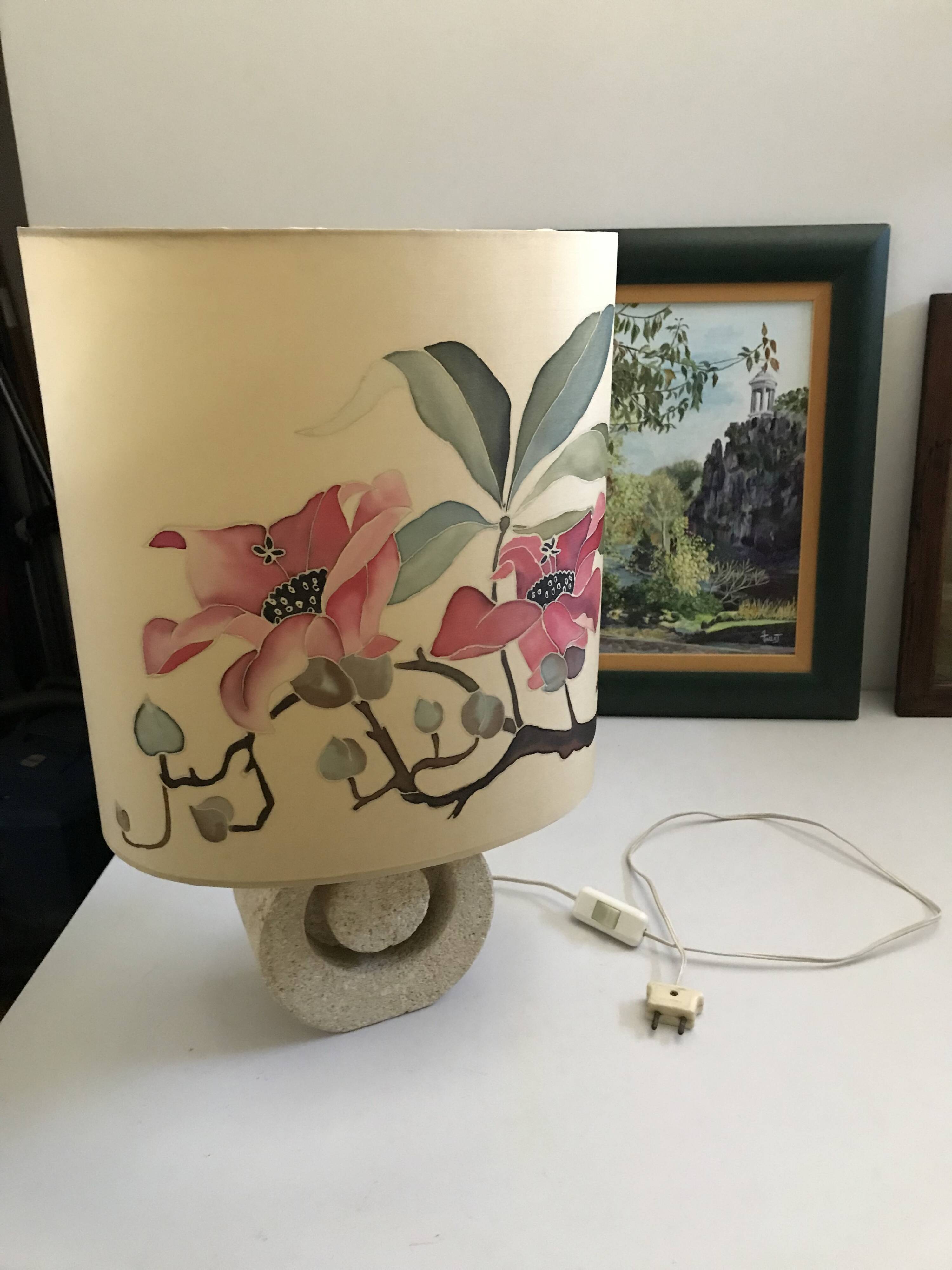 Vintage 70s-80s Lamp - Sculpted Stone Base & Painted Silk Shade