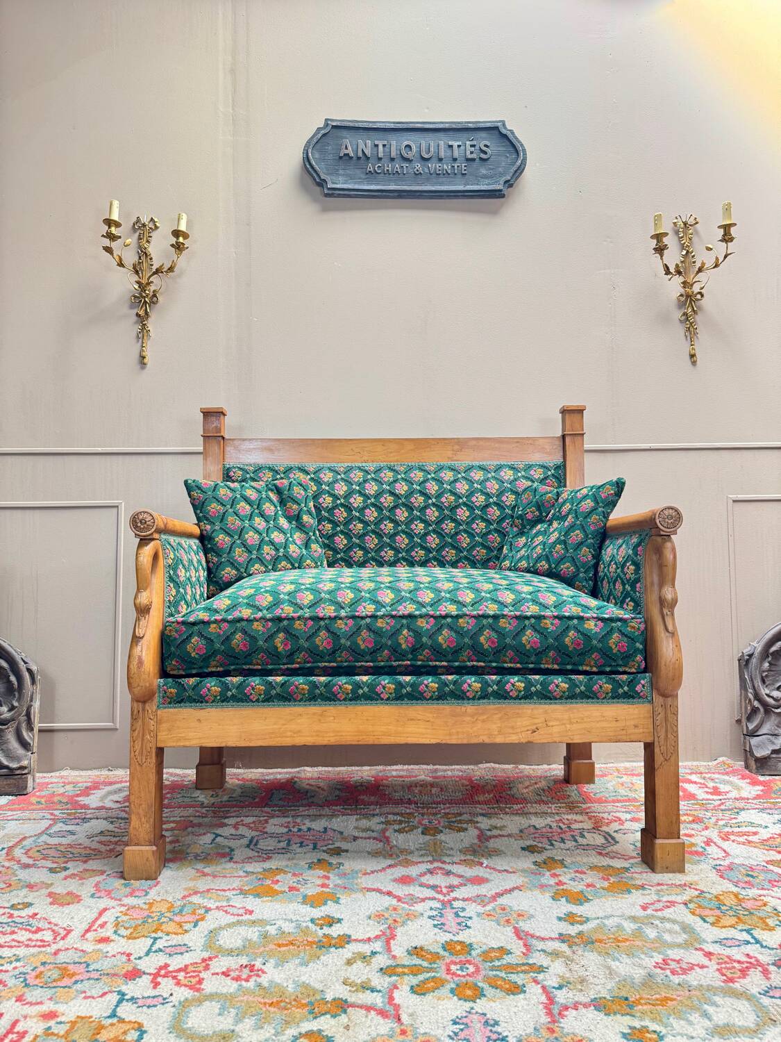 19th century Empire period cherry wood wall bench