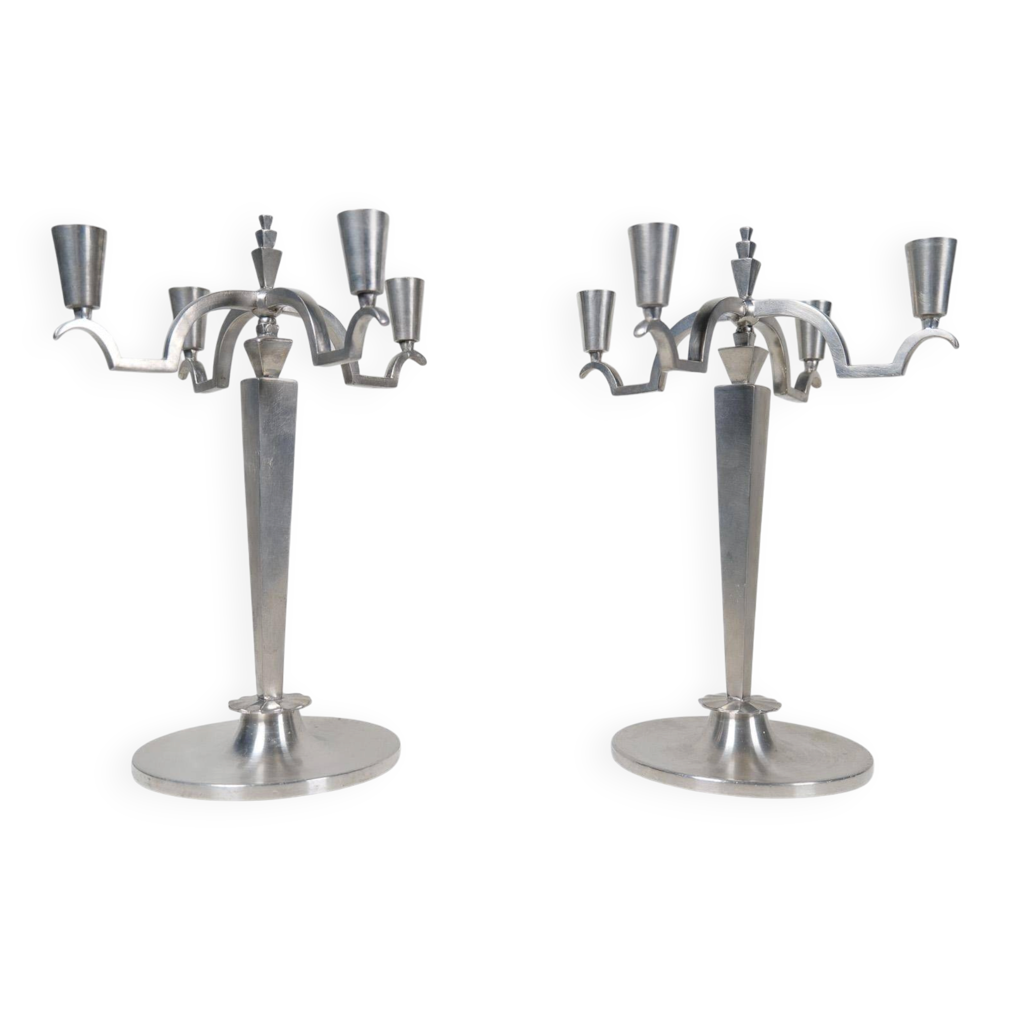 Sculptural Art Deco set of chandeliers in tin, Sweden, 1940s.