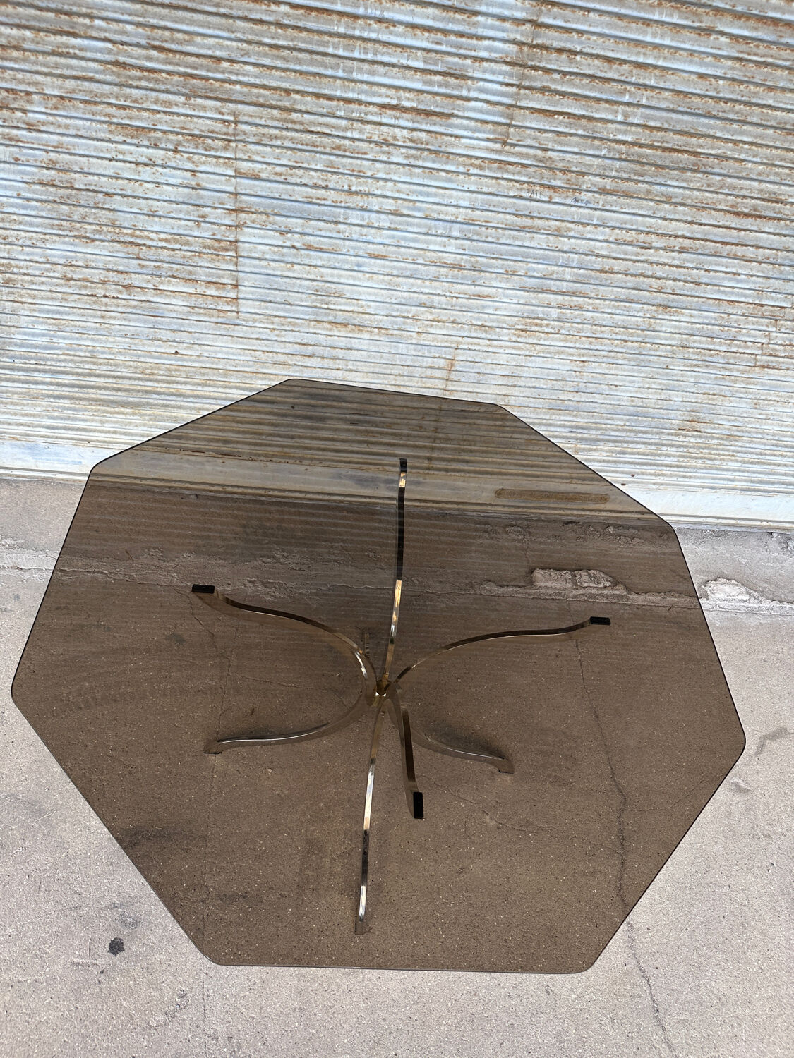 1970s table – chrome, brass, and smoked glass