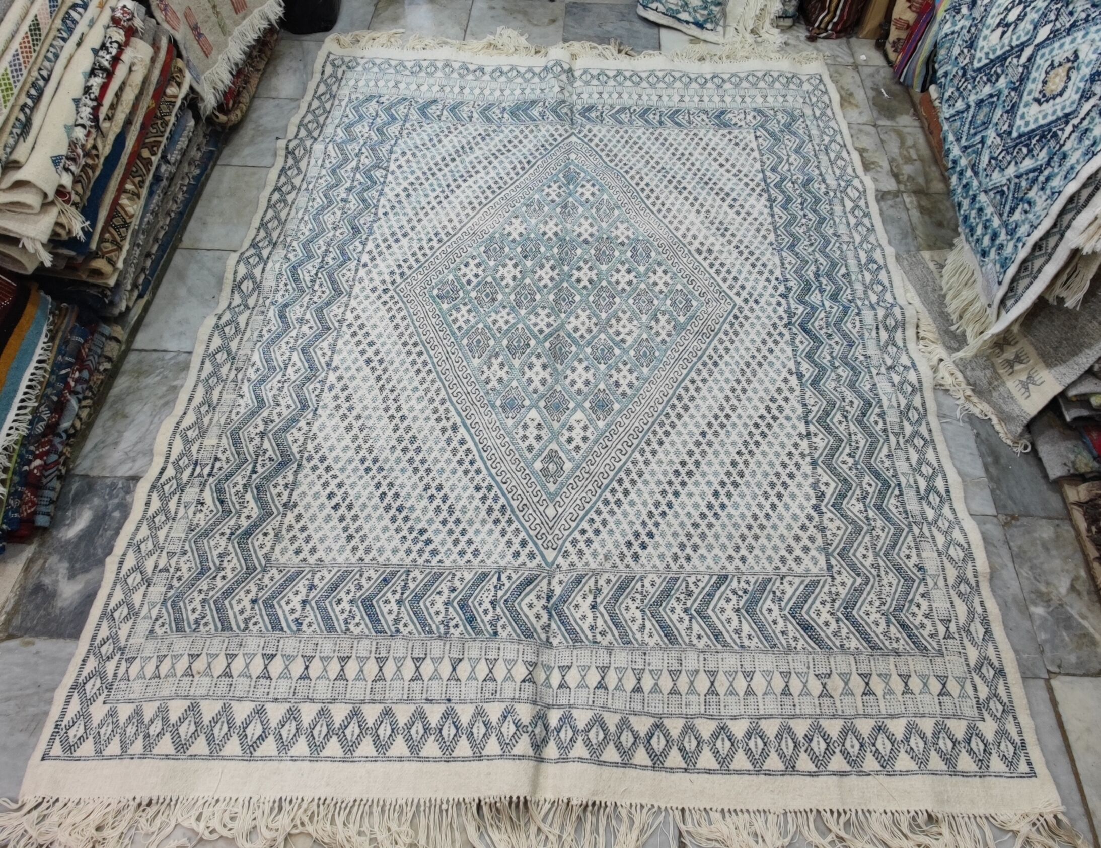 Traditional white and blue margoum carpet woven hands in pure wool