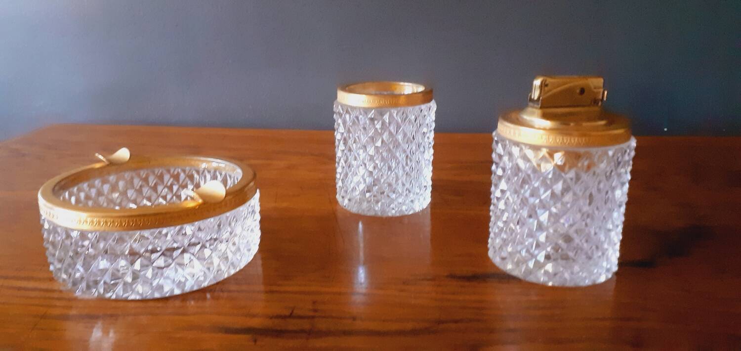 1950s Baccarat crystal and gold-plated metal smoker's kit