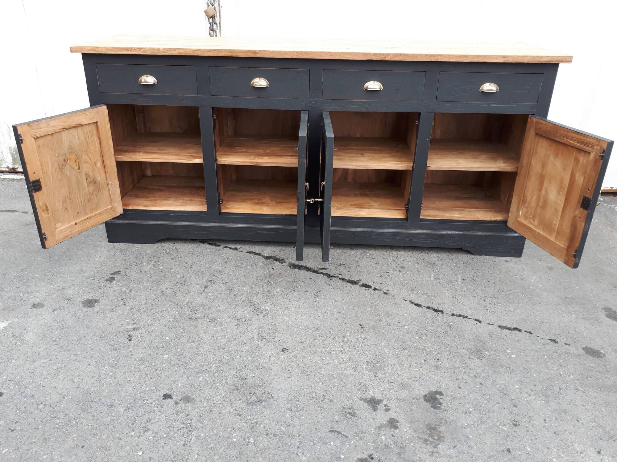 Industrial buffet four doors and four drawers black handles brushed brass patina