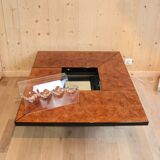 Coffee table in walnut magnifying glass forming bar by Paul Michel