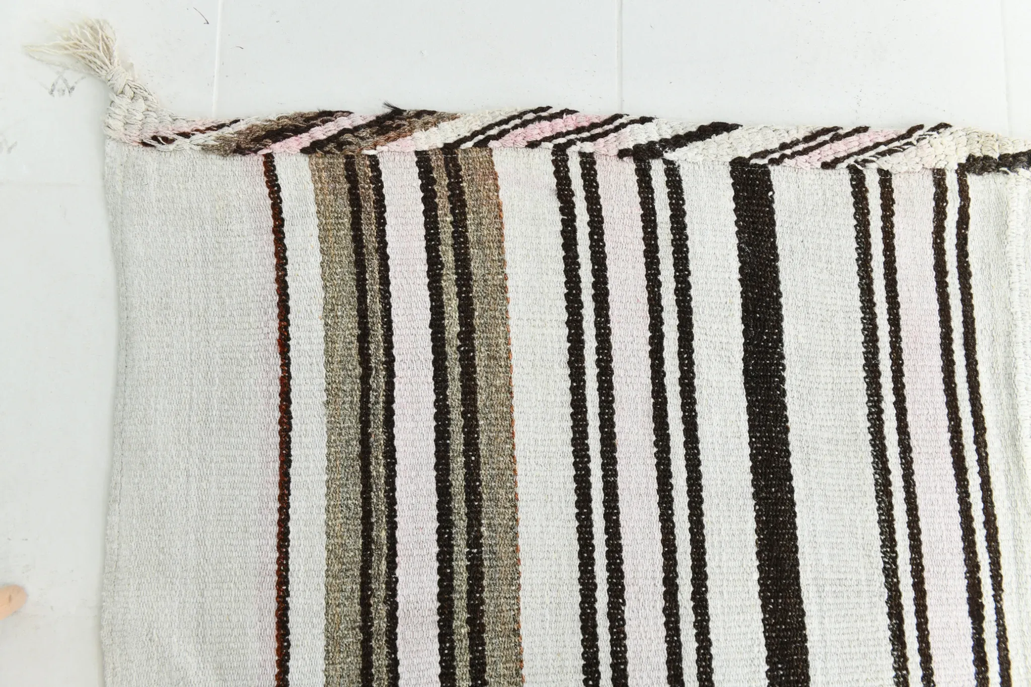 Mid Century Modern Off White & Black Kilim Rug, Bohemian Home Decor Carpet
