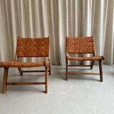 Pair of leather and walnut armchairs