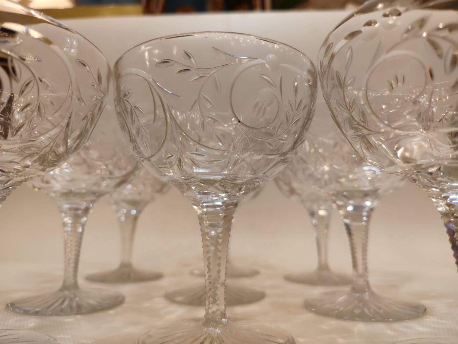 9 Clichy crystal champagne glasses, 19th century
