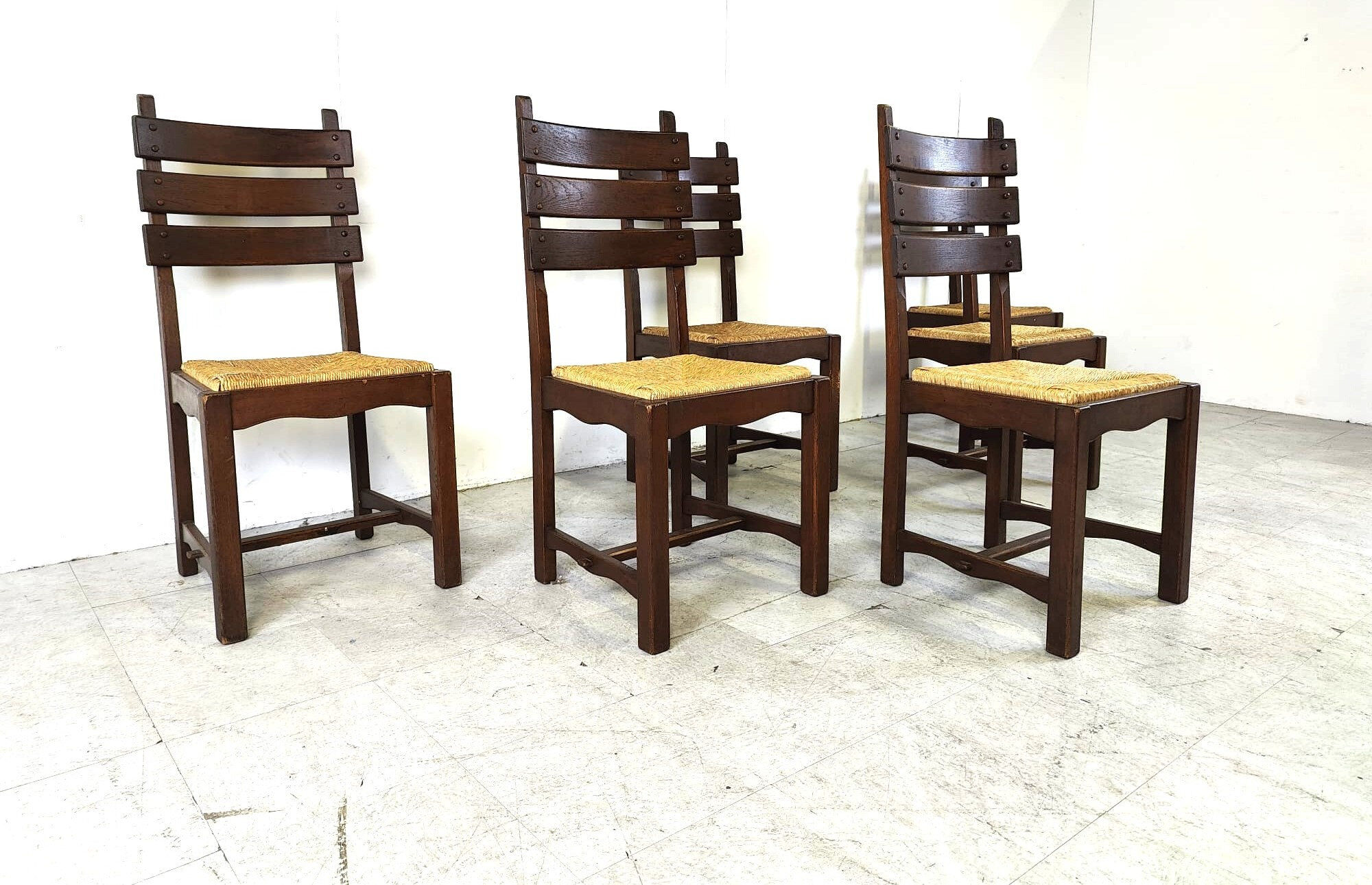 Vintage oak and wicker brutalist dining chairs, 1960s