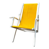 Transat de plage en bois blanc et coton jaune