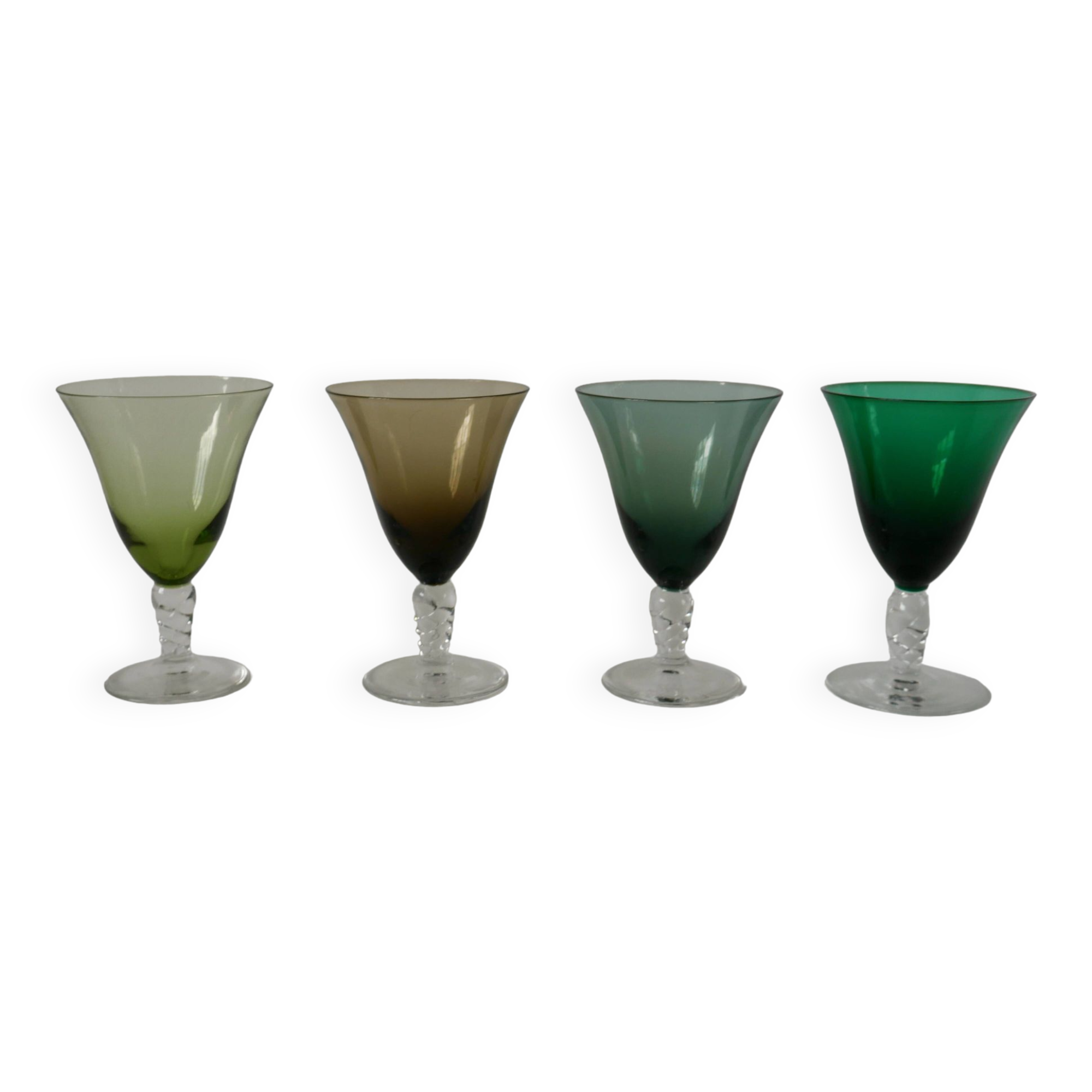 Set of 4 colored wine glasses with worked legs from the 50s