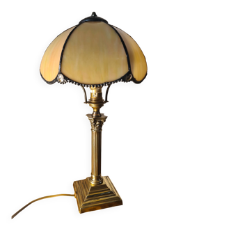 Brass lamp corinthian column glass paste shade 42x20 elc ok