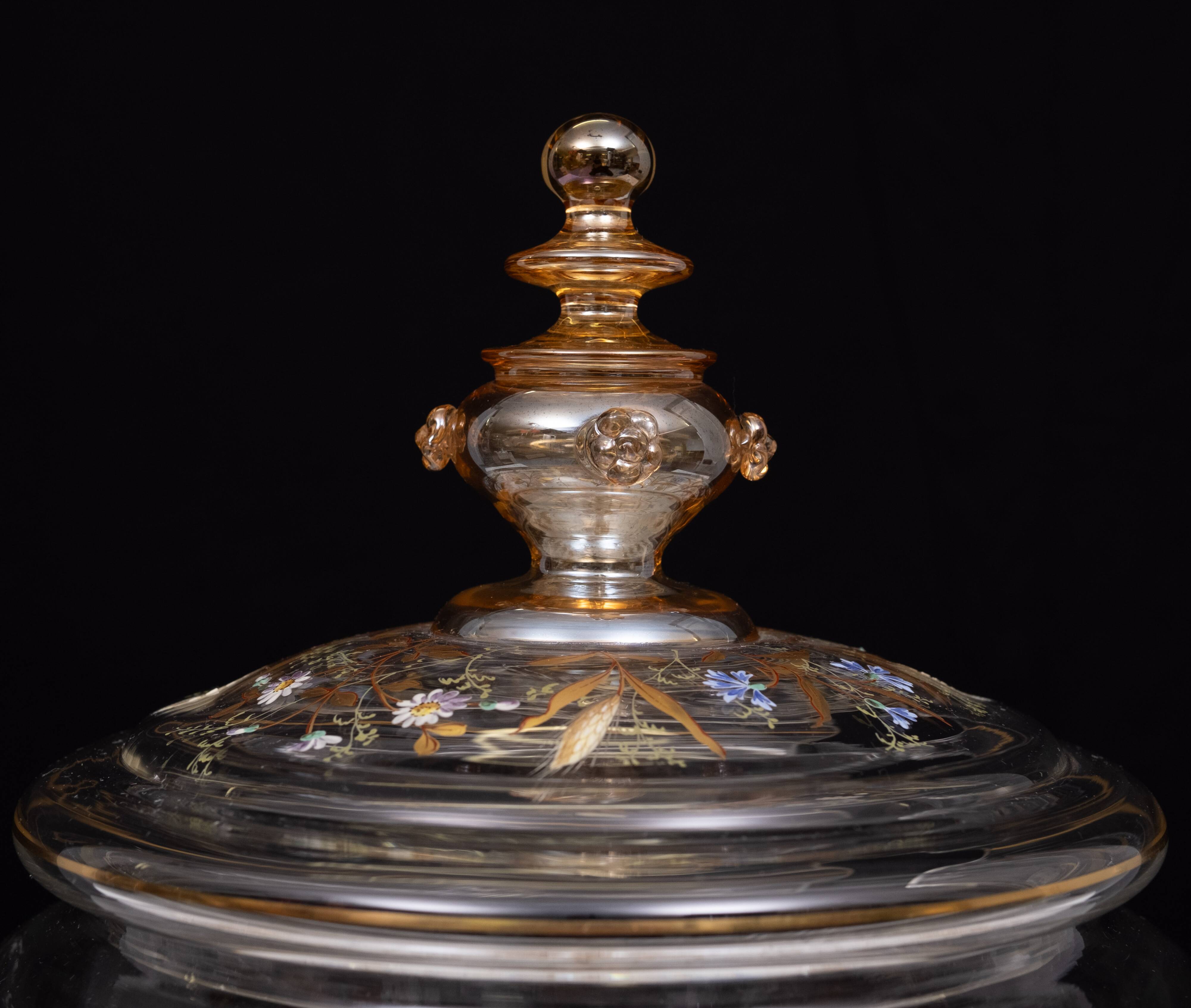 Stunning Antique Enameled Glass serving set for fruit, dessert or punch. 1880