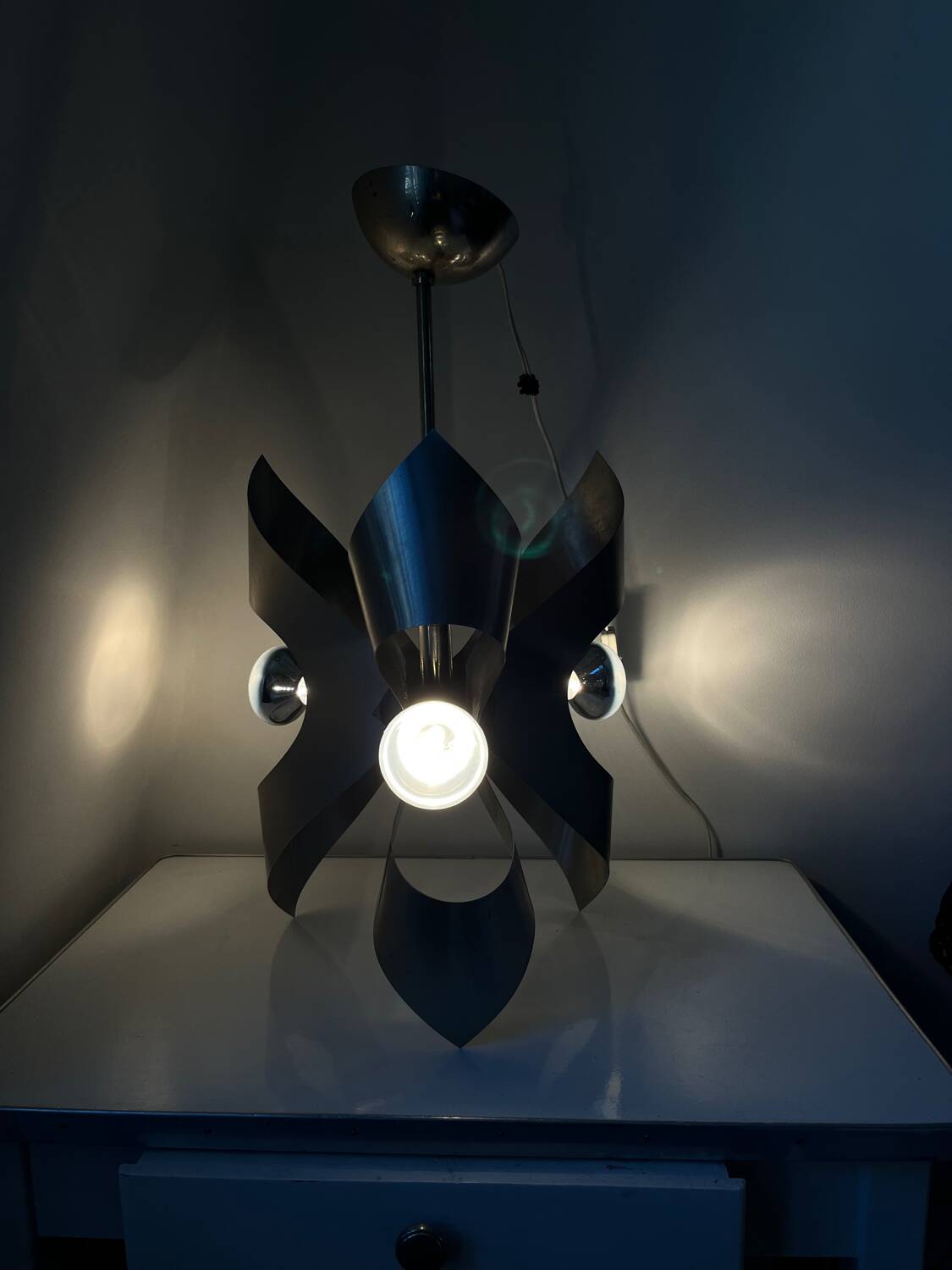 Brushed steel metal pendant light, seventies design