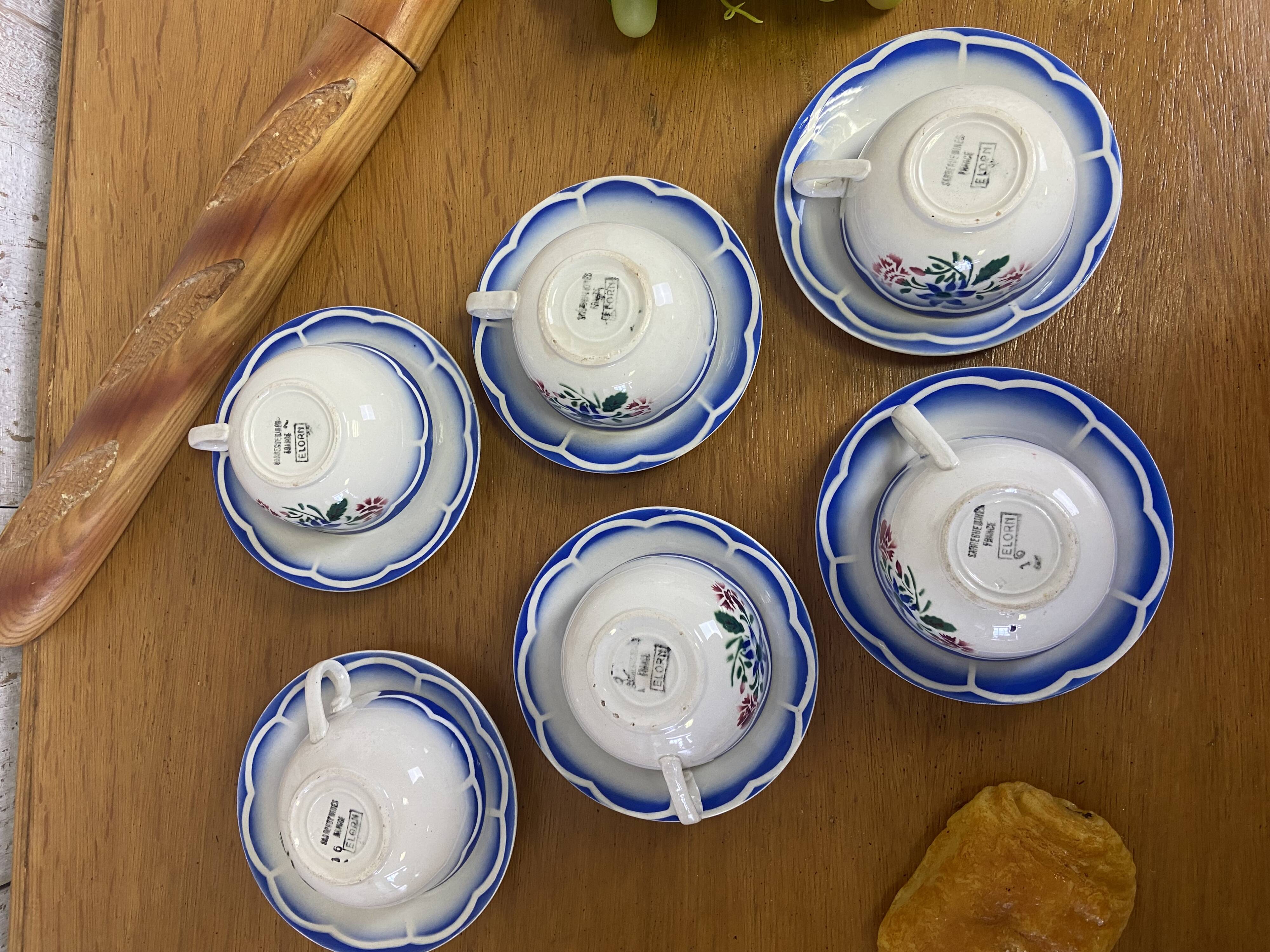 Set of 6 cups and saucers Sarreguemines "Elorn"