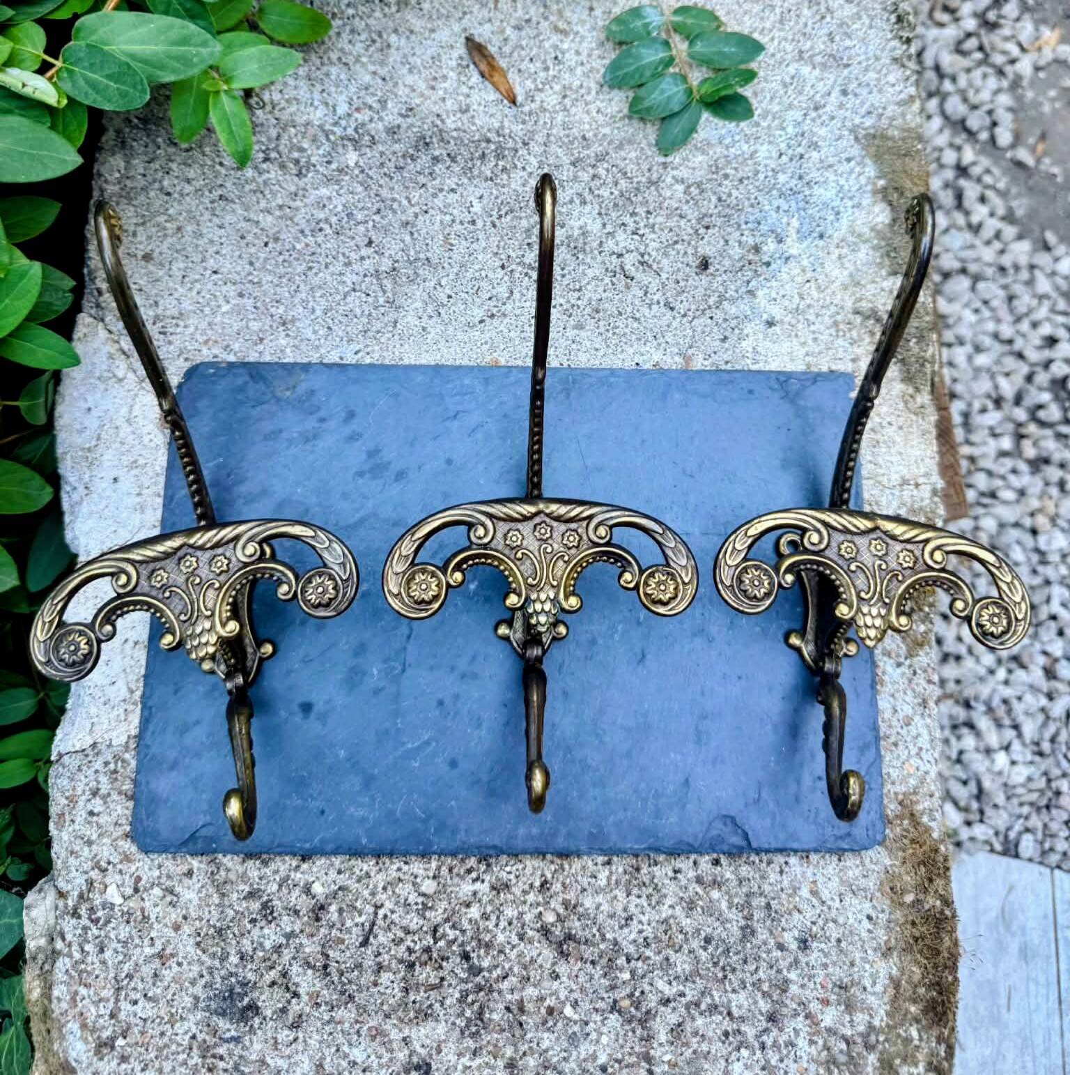 3 solid brass baroque coat hooks
