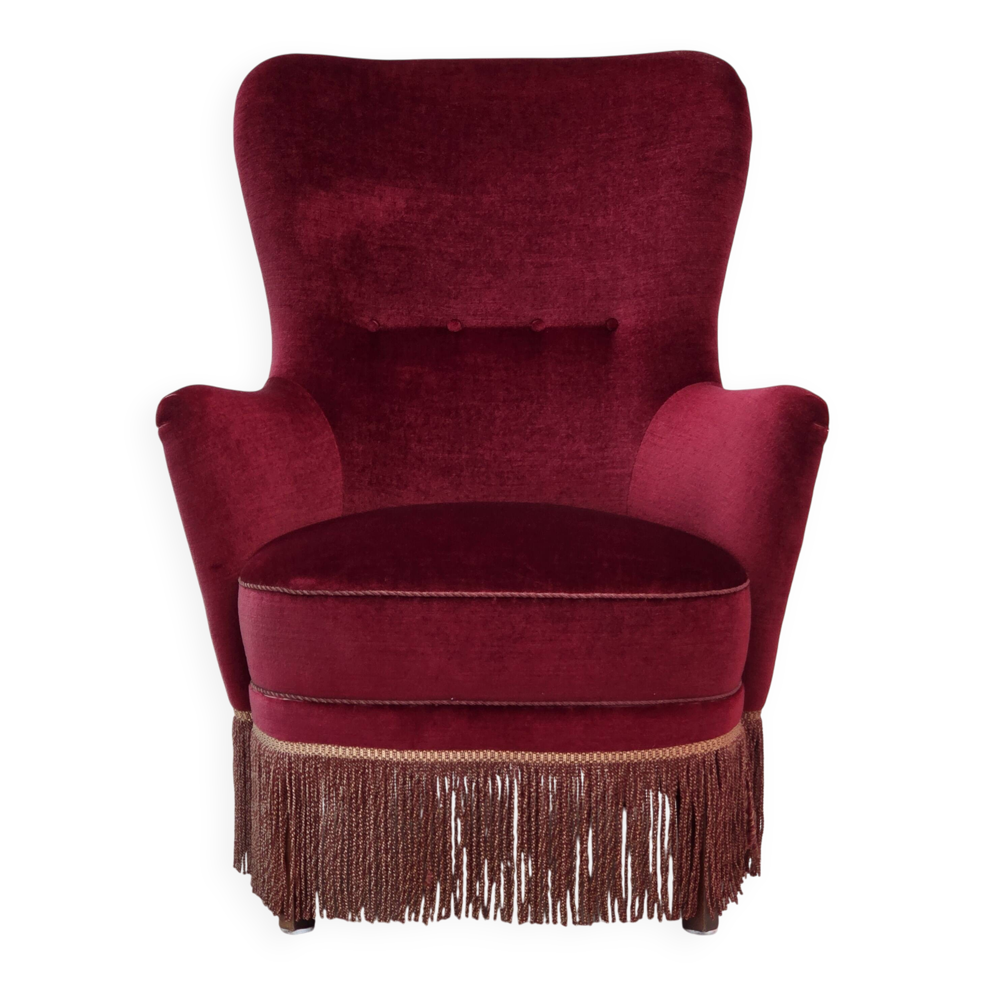 1970s, Danish highback armchair, red furniture velour, beech wood.