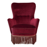 1970s, Danish highback armchair, red furniture velour, beech wood.