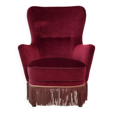 1970s, Danish highback armchair, red furniture velour, beech wood.