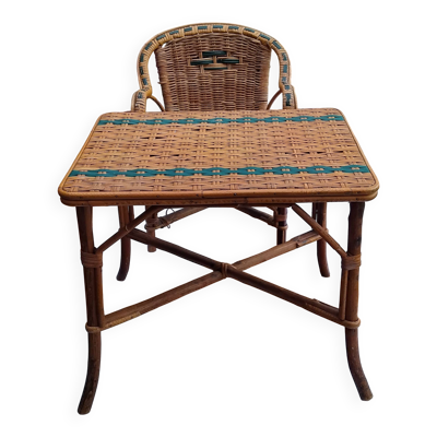 Ensemble table et fauteuil enfant en osier / rotin vintage années 60