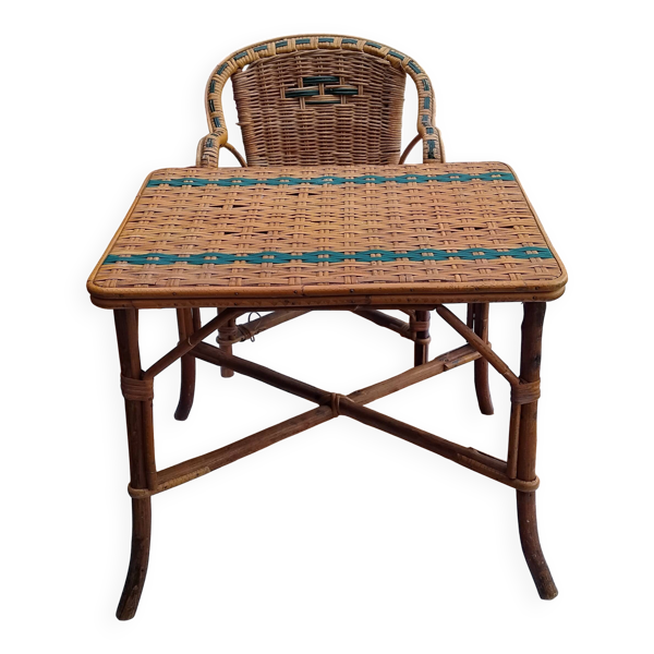 Ensemble table et fauteuil enfant en osier / rotin vintage années 60