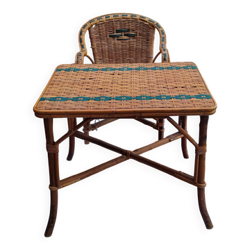 Ensemble table et fauteuil enfant en osier / rotin vintage années 60