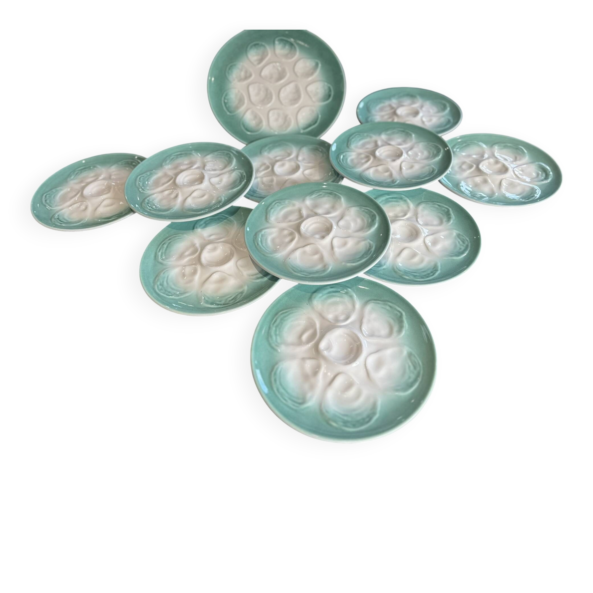 Niderviller sea-green earthenware oyster plates, set of 10 + dish