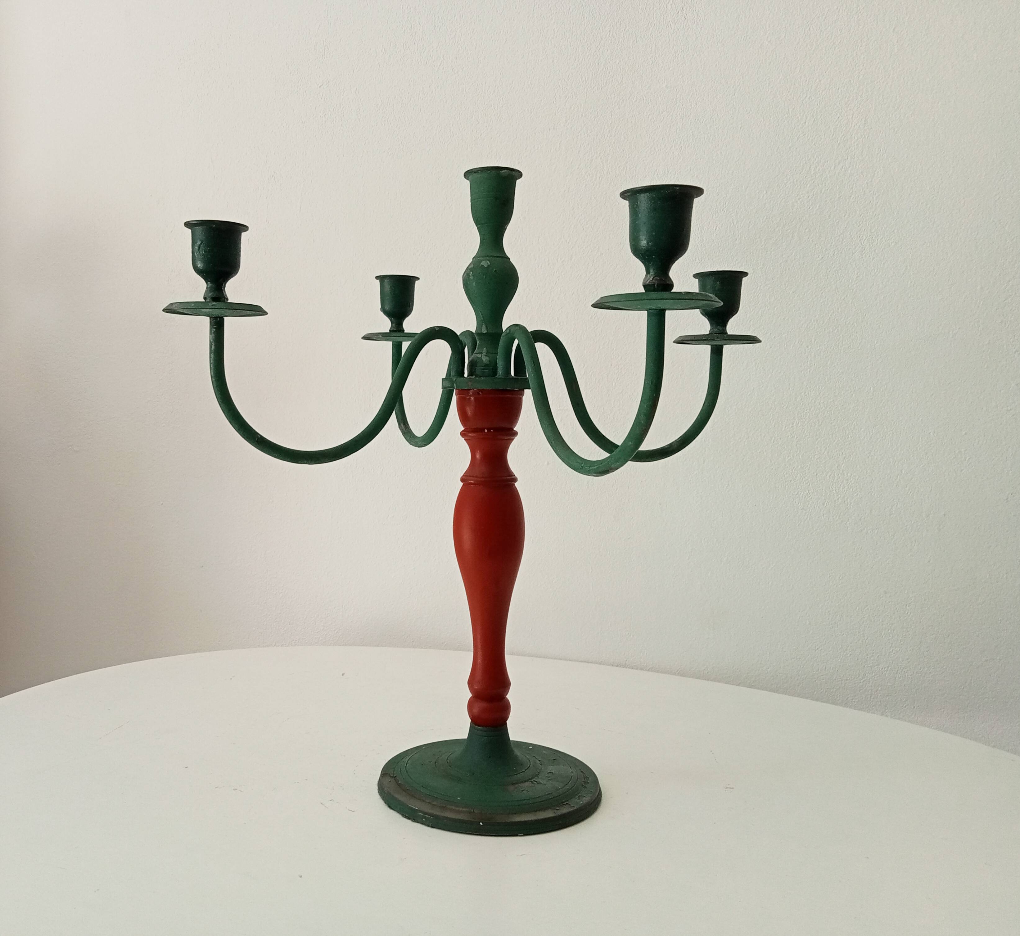 Antique 4-branch wood and metal candlestick