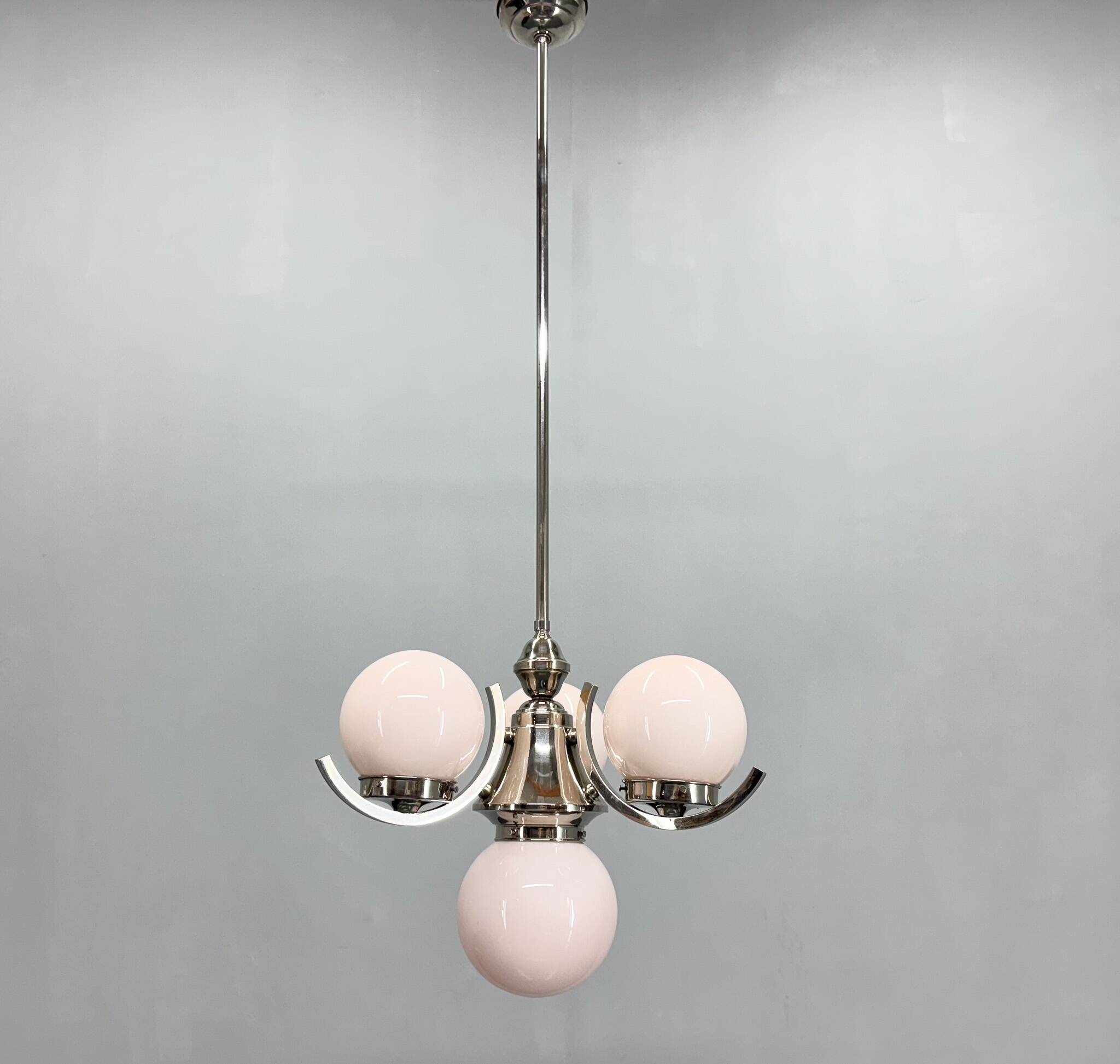 Art Deco Chrome and Pink Glass Chandelier, 1930's