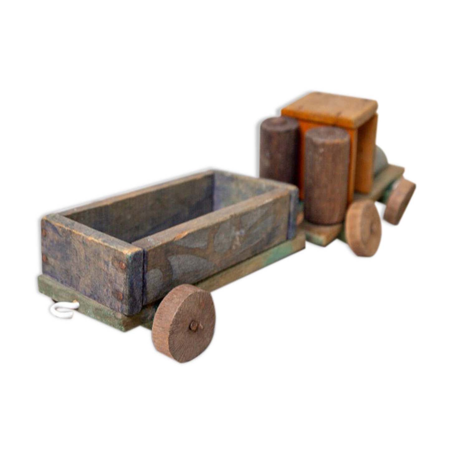 Old wooden train locomotive and toy trailer