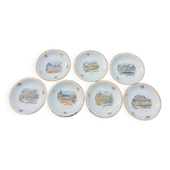 7 assiettes à dessert porcelaine dorure et collection châteaux de la Loire, 1950/60