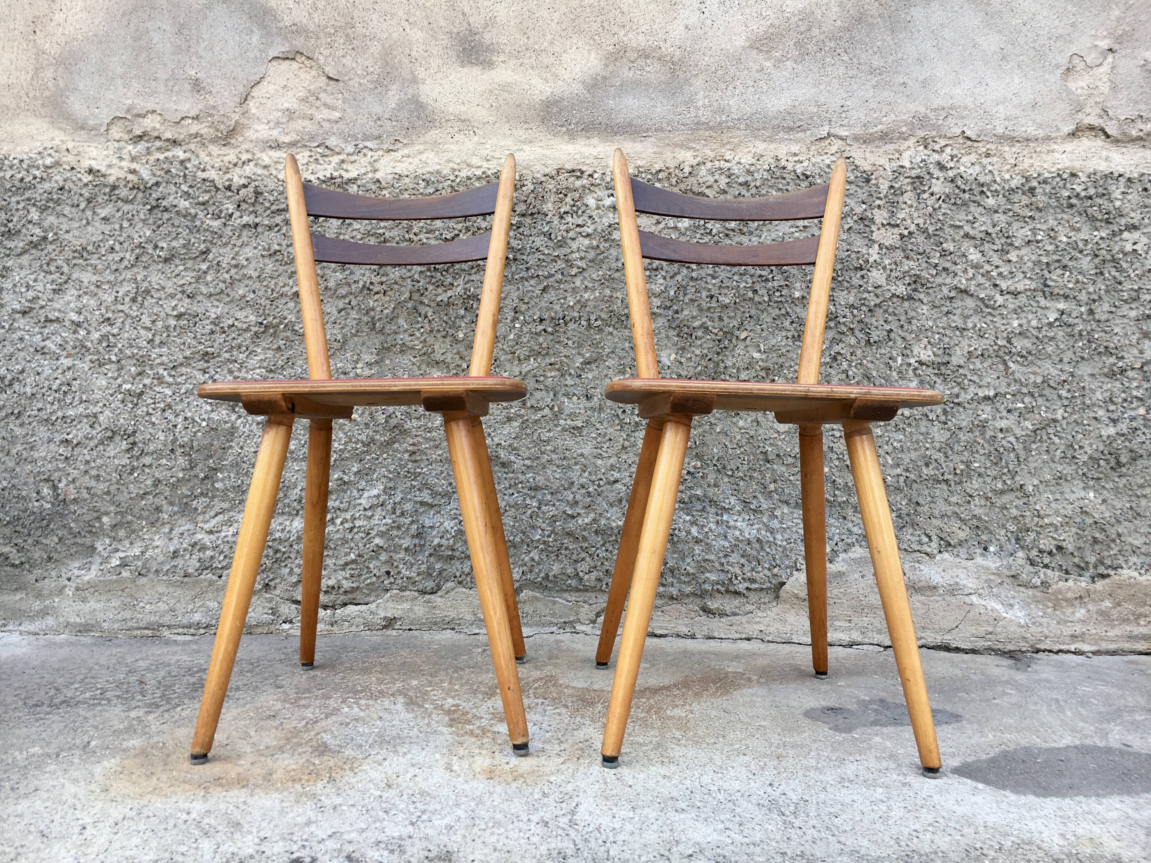 Pair of bistro and bohemian beech chairs, compass feet 1950