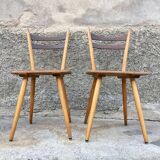 Pair of bistro and bohemian beech chairs, compass feet 1950
