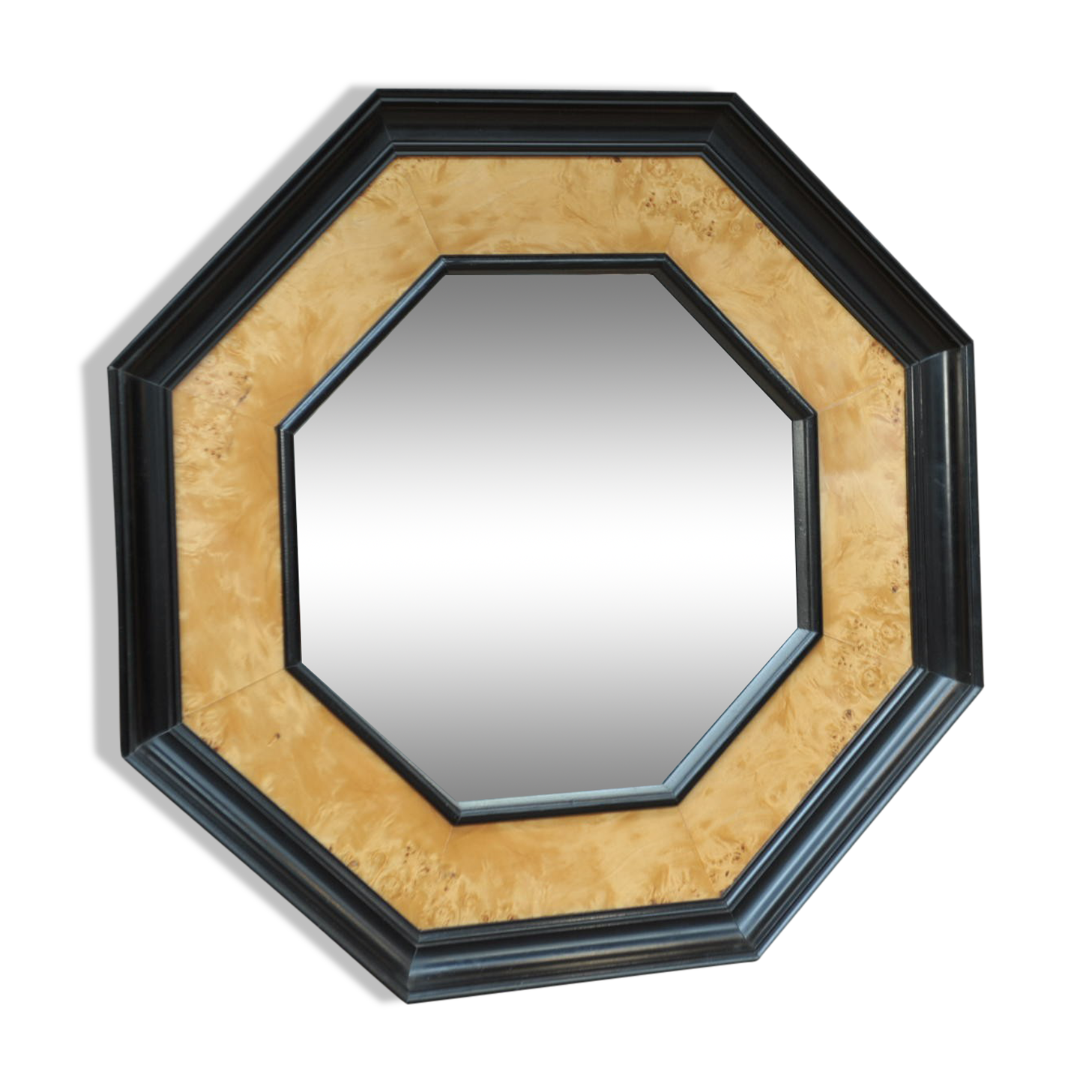 Octagonal vintage wooden mirror of the 1970s - 72cm